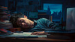 © Irina - Exhausted young handsome business man sleeping on his office desk next to computer and documents. Company worker tired of overworking. Male employee workaholic suffering from chronic fatigue at