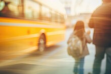  Kid Going To School On A School Bus - Defocused - AI Generated