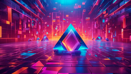 Wall Mural - Abstract background cubes with futuristic neon glowing elements. Ideal for modern design and space-themed concepts. Versatile for various graphic applications.
