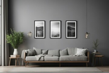 Rustic sofa near grey wall with two frames against big window Scandinavian rustic home interior design