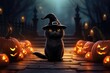Black Cat In Witch Hat On Cobblestone Path With Lit Pumpkins