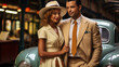 A creative shot of a couple in retro 1950s outfits, posing with vintage suitcases and a classic car at a train depot
