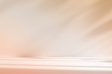 Fototapete - Abstract pastel color gradient studio background for product presentation. Empty room with shadows of window and flowers and palm leaves . 3d room with copy space. Summer concert. Blurred backdrop.
