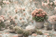 Generate A 3D-rendered Scene That Resembles A Vintage Garden Tapestry, With Flowers And Plants Seamlessly Interwoven In Shabby Chic Style. Consider Adding Subtle Imperfections And A Slightly Faded Col