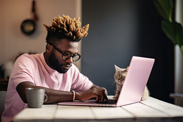 A serious, young adult businessman with eyeglasses working from his home office, deeply focused on his laptop.