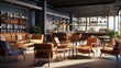 a trendy coffee shop interior, highlighting cozy armchairs and chic coffee tables that beckon patrons to linger over their brews