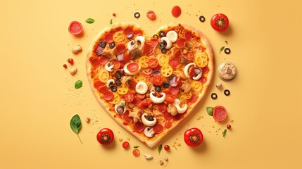 Wall Mural -  a heart shaped pizza with toppings on a yellow background.  generative ai