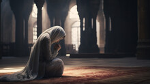 Praying Young Woman In Mosque.