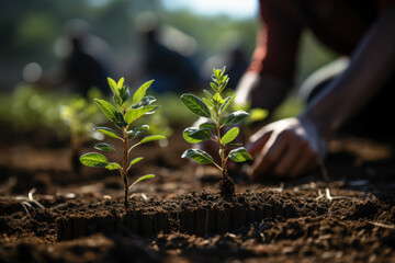 Wall Mural - A person participating in a volunteer tree-planting initiative, highlighting the moral commitment to reforestation and environmental restoration. Concept of ecological ethics. Generative Ai.