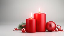  Two Red Candles And A Christmas Ornament On A White Background.  Generative Ai
