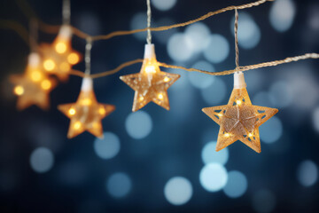 Wall Mural - Christmas golden stars lights string hanging on blue bokeh background. Generative AI