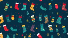  A Pattern Of Christmas Stockings And Stockings On A Blue Background.  Generative Ai
