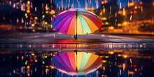 Rain On The Street, Lights, City, Night, Colorful, Ride, Street, Fun Rain Drops On Umbrella At Night Rainy Day Selective Focus, Generative AI