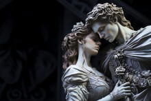 A Statue Of A Couple Embracing And Holding Each Other Closely On Black Background With Copy Space, Valentine's Day, Symbolizing Love And Passion, Anniversary, Marriage