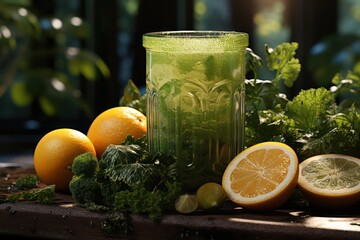 Wall Mural - green smoothie made from vegetables and fruits on a wooden table in the home kitchen. healthy eating and self-care. 