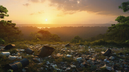Canvas Print - landfill, towering mounds of waste contrasting with a pristine, green forest in the background, gold