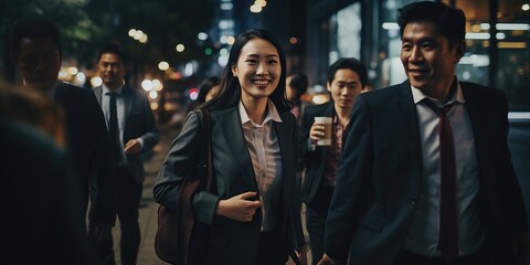 Wall Mural - coworkers going home after a day in the office, woman walking with friends in the city