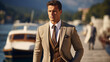 © ckybe - In front of a serene lake, a good-looking gentleman in a sharp suit is seen fastening his jacket, with an expensive yacht in the distance..