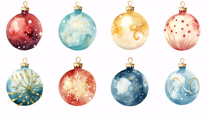 Set of creative Merry Christmas balls for Christmas tree decoration. Watercolor collection.