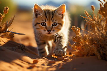 Poster - The elusive Arabian sand cat, a master of desert survival, prowling the dunes of the Arabian Peninsula. Generative Ai.