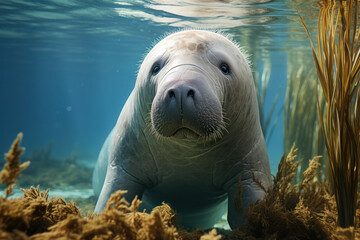 Poster - A curious dugong, a gentle marine mammal, gliding through the seagrass meadows of the Indian and Pacific Oceans. Generative Ai.