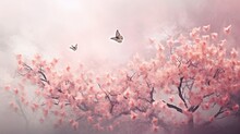  Two Butterflies Flying Over A Tree With Pink Blossoms On It.  Generative Ai