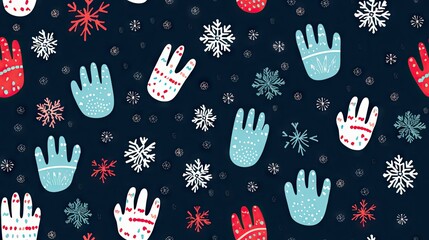  a blue background with red and white snowflakes and hand prints.  generative ai