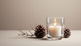  a candle and some pine cones are on a white table.  generative ai