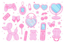 Cute kawaii glamour set. Pink women's accessories. Teenage girly style. Nostalgic pinkcore 2000s style. Lipstick, glasses, ticket, lollipop ring, jelly bears gummy, flip phone.