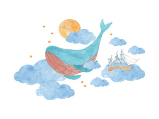 Ship sailing in the sky with stars, sun and clouds below a flying whale - watrcolor fantasy art illustration