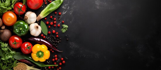 Canvas Print - Top view of fresh ingredients for cooking on a black stone table with copy space