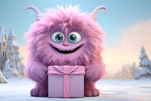  Funny Cartoon Monster With Gift Box In Winter Landscape. 3D Rendering, AI Generated