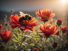 A Bumblebee Pollinating A Red Flower In A Meadow At Sunset.