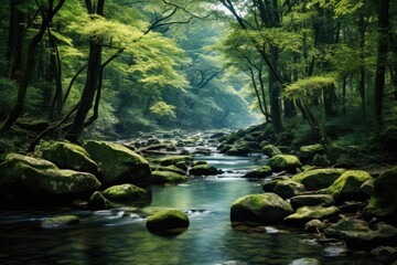 Sticker - A quiet forest landscape: mossy riverbank, lush greenery and a serene stream.
