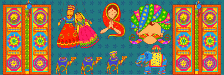 Culture of Rajasthan in Indian art style. Vector File.