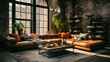 Editorial Style Photo Urban Loft Living Room Low Angle Urban Industrial Chic Exposed Brick Wall Leather, Metal Close-up Neutral with Pops Urban Dwelling Natural Brooklyn 2020s Urban Industrial
