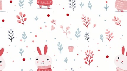 Poster -  a pattern of rabbits and plants on a white background with red and blue colors.  generative ai