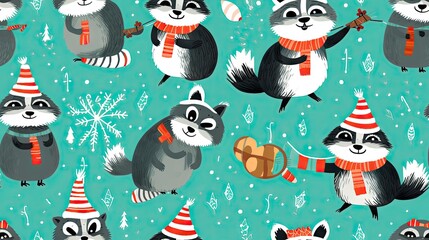 Poster -  a group of raccoons wearing hats and scarves.  generative ai