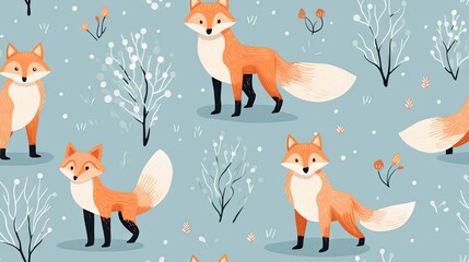 Sticker -  a pattern of foxes in the snow on a blue background.  generative ai