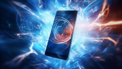 Poster - Technological Fusion: Smartphones Emerge Against an Abstract Background of Flowing Light Resembling an Electric Current, Illustrating the Digital Connectivity of Modern Devices