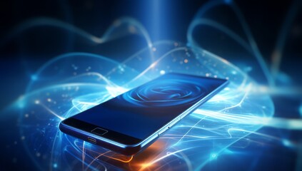 Aufkleber - Technological Fusion: Smartphones Emerge Against an Abstract Background of Flowing Light Resembling an Electric Current, Illustrating the Digital Connectivity of Modern Devices