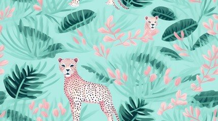 Poster -  a leopard and a leopard cub in a jungle of leaves.  generative ai