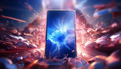 Aufkleber - Technological Fusion: Smartphones Emerge Against an Abstract Background of Flowing Light Resembling an Electric Current, Illustrating the Digital Connectivity of Modern Devices