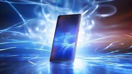 Aufkleber - Technological Fusion: Smartphones Emerge Against an Abstract Background of Flowing Light Resembling an Electric Current, Illustrating the Digital Connectivity of Modern Devices