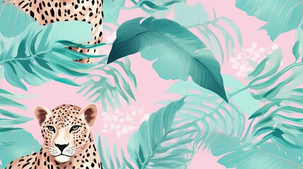 Wall Mural -  a picture of a leopard in a jungle with a pink background.  generative ai