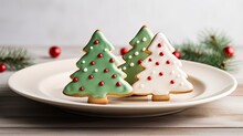  Three Decorated Christmas Trees On A Plate With A Pine Tree In The Background.  Generative Ai