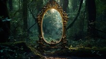 Dark Mysterious Forest With A Magical Magic Mirror, A Portal To Another World. Night Fantasy Forest.