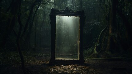 Wall Mural - Dark mysterious forest with a magical magic mirror, a portal to another world. Night fantasy forest.