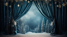 christmas scene with winter forest, fir branches, snowflakes and lights