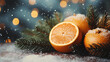 tangerines on snow and christmas tree branches. 